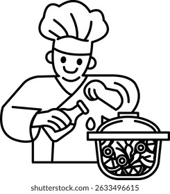 A chef is cooking food in a pot. The chef is smiling and he is enjoying the process. The pot is filled with vegetables, including broccoli and carrots