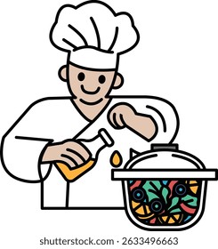 A chef is cooking food in a pot. The chef is smiling and he is enjoying the process. The pot is filled with a variety of vegetables, including broccoli and carrots