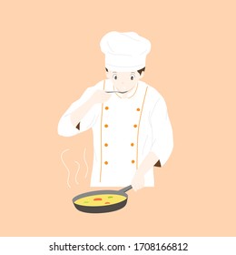 Chef cooking food and taste. Hand draw thin line style. Character design. Vector illustration.