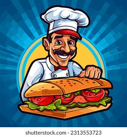 The chef is cooking a French baguette. Fast food from the stand. Cartoon vector illustration. label, sticker