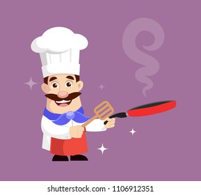 Chef cooking in Frying Pan Vector Illustration