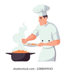 Chef cooking gourmet meal in commercial kitchen isolated