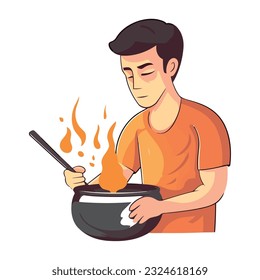 Chef cooking gourmet meal on flaming stove icon isolated