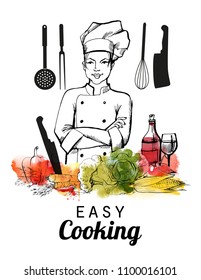 chef cooking. Hand drawn vector background and watercolor textur.