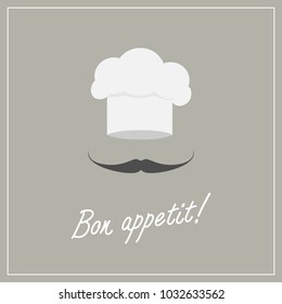 Chef in a cooking hat. Bon appetit label. Vector illustration