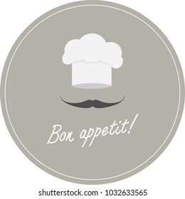 Chef in a cooking hat. Bon appetit label. Vector illustration