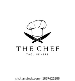 Chef  Cooking Hat with Crossed Knife Vector Outline Logo, Kitchen Simple Black Icon
