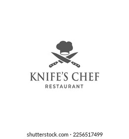Chef Cooking Hat with Crossed Knife Vector Outline Logo, Kitchen Simple Black Icon