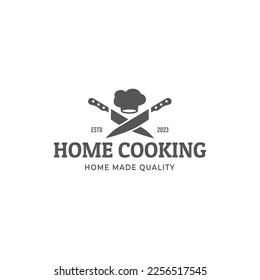 Chef Cooking Hat with Crossed Knife Vector Outline Logo, Kitchen Simple Black Icon