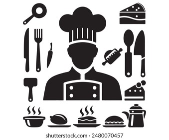 Chef in a cooking hat, food, fork, spoon, knife, plate,  and cloche or tray icon. Cutlery or tableware in restaurant. Vector illustration.