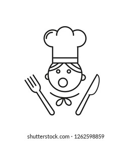 Chef in a cooking hat with fork and knife symbol vector outline icon