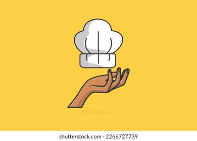 Chef Cooking Hat on Chef Hand vector illustration. Kitchen cooking object icon concept. Creative hand and chef cap icon logo. Chef logo icon concept. Cooking white hat vector design with shadow.