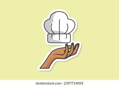 Chef Cooking Hat on Chef Hand Sticker design vector illustration. Kitchen cooking object icon concept. Creative hand and chef cap sticker design logo. Chef logo icon concept. 