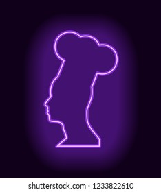 Chef in a cooking hat silhouette. Kitchen simple thin line icon. Neon bulb shine