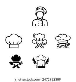 Chef en un sombrero de cocina con logotipo de contorno de Vector. Icono negro simple de la cocina. Conjunto de logotipo de sombrero de chef. sombrero de chef Plantilla de diseño de Vector. Ilustración vectorial fotorrealista de un sombrero de chef blanco moderno,
