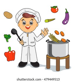 Chef are cooking have a pot for cooking and vegetables.