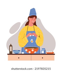 Chef cooking at home. Young girl in kitchen breaks egg into plate. Character preparing dish. Hostess doing household chores, routine. Poster or banner for website. Cartoon flat vector illustration