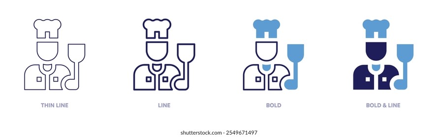 Chef para cocinar icono en 4 estilos diferentes. Línea delgada, línea, negrita y línea negrita. Estilo duotono. Trazo editable.