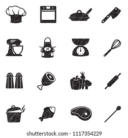 Chef And Cooking Icons. Black Scribble Design. Vector Illustration.
