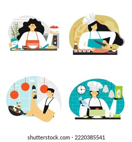 Chef cooking Japanese food vector scene set