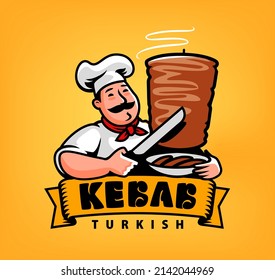 Chef cooking kebab. Arabic cuisine logo. Fast food menu emblem