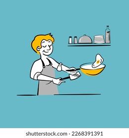 Chef is cooking in the kitchen (blue background) vector
