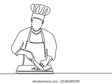 Cocina de chef en la cocina de línea continua de dibujo. Concepto de comida y bebida. Ilustración vectorial minimalista aislada sobre fondo blanco.