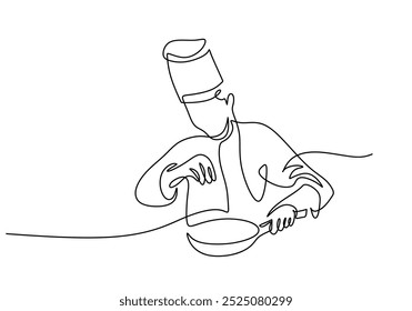 Chef cooking in kitchen continuous one line drawing. Perfection food and meal creation concept. Vector illustration minimalist background.