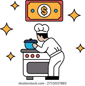 A chef is cooking in a kitchen with a dollar bill behind him. Concept of hard work and the value of money