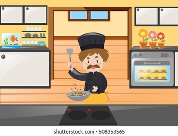 Chef cooking in the kitchen illustration