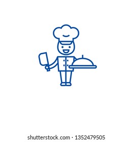 Chef cooking in kitchen line icon concept. Chef cooking in kitchen flat  vector symbol, sign, outline illustration.