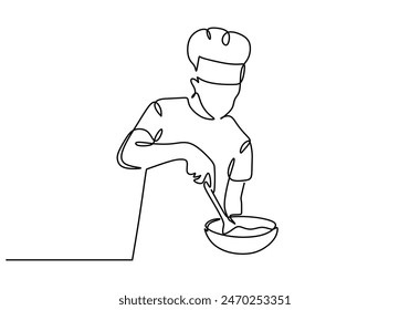 Chef cooking at kitchen with pan continuous line drawing. Vector illustration minimalist design hand drawn.