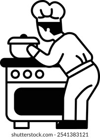 A chef is cooking in a kitchen with a pot on the stove