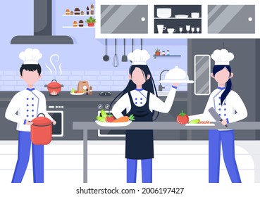 Chef Is Cooking In The Kitchen With Tray, ingredients or Different Meals. Interior Furniture And Utensils Background Landing Page Illustration