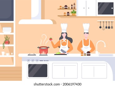 El Chef Cocina En La Cocina Con Bandeja, ingredientes o Comidas Diferentes. Ilustración De La Página De Inicio De Fondo De Mobiliario Interior Y Utensilios