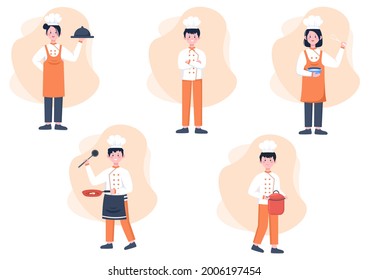 Chef Is Cooking In The Kitchen With Tray, ingredients or Different Meals. Interior Furniture And Utensils Background Landing Page Illustration
