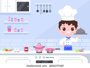 Chef Is Cooking In The Kitchen With Tray, ingredients or Different Meals. Interior Furniture And Utensils Background Landing Page Illustration