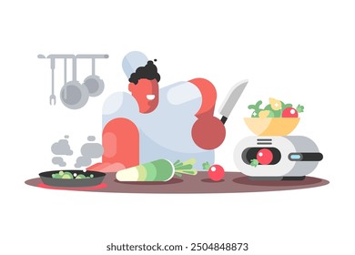 Chef Cooking in Kitchen. Vector illustration featuring a chef chopping vegetables, surrounded by kitchen tools and appliances.