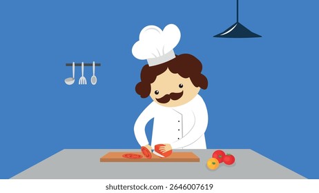 Chef cooking in the kitchen. Vector illustration in flat style.