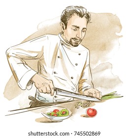 Chef cocinando con verduras a cuchillo. Ilustración vectorial dibujada a mano sobre fondo artístico de acuarela.