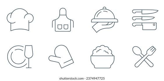 Kochlinie Icon Set. Koch-Instrument, Küchenschürze, Messer, Kochmütze, Becher, Reissymbole