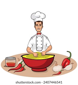 Chef cocinando una comida en un gran gráfico vectorial