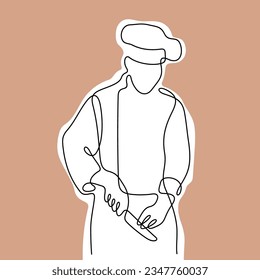 Chef cooking meal continuous line vector illustration