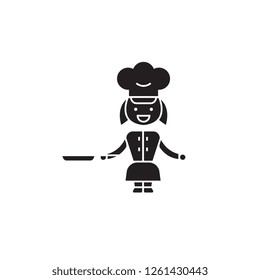 Chef cooking meat black vector concept icon. Chef cooking meat flat illustration, sign