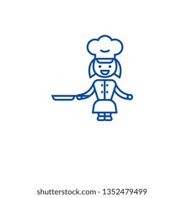 Chef cooking meat line icon concept. Chef cooking meat flat  vector symbol, sign, outline illustration.