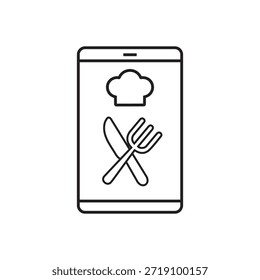 Chef Cooking Mobile App Line Icon – Smartphone con cuchillo de tenedor y sombrero de chef