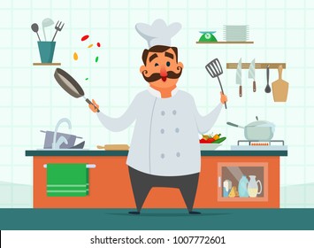 Chef cocinando en la cocina. Personaje vectorial al estilo de las caricaturas. Ilustración del cocinero cocinero en la cocina