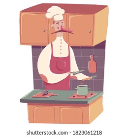 Chef cooking on kitchen vector cartoon concept illustration isolated on a white background.