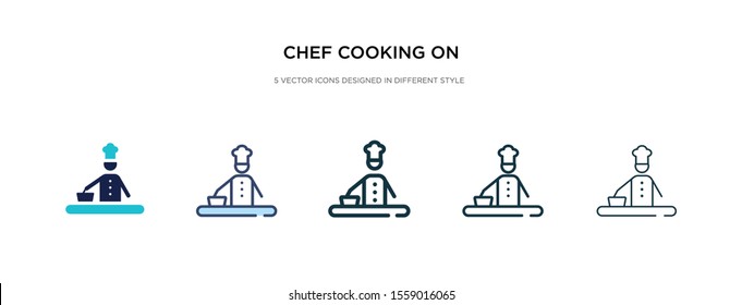 chef cooking on stove icon in different style vector illustration. two colored and black chef cooking on stove vector icons designed in filled, outline, line and stroke style can be used for web,