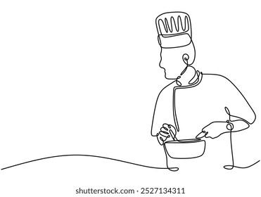 Cocina de cocinero en un dibujo de línea continua. Diseño minimalista para arte culinario y temas de cocina. Ilustración dibujada a mano simplificada para cocinar.
